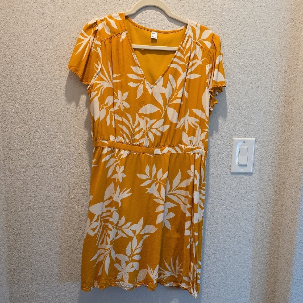Boho Mustard Yellow Floral Flutter Sleeve Rayon Mini Dress Cottagecore S